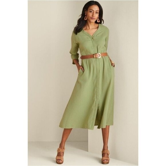 Soft Surroundings Drina Gauze Maxi Dress Green Button Cotton Large Lagenlook - Picture 1 of 11